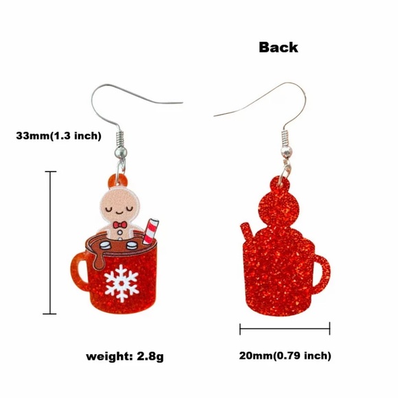 Hot Cocoa Earrings! Sparkly Red Mugs Gingerbread Men & Marshmallows - Picture 3 of 5